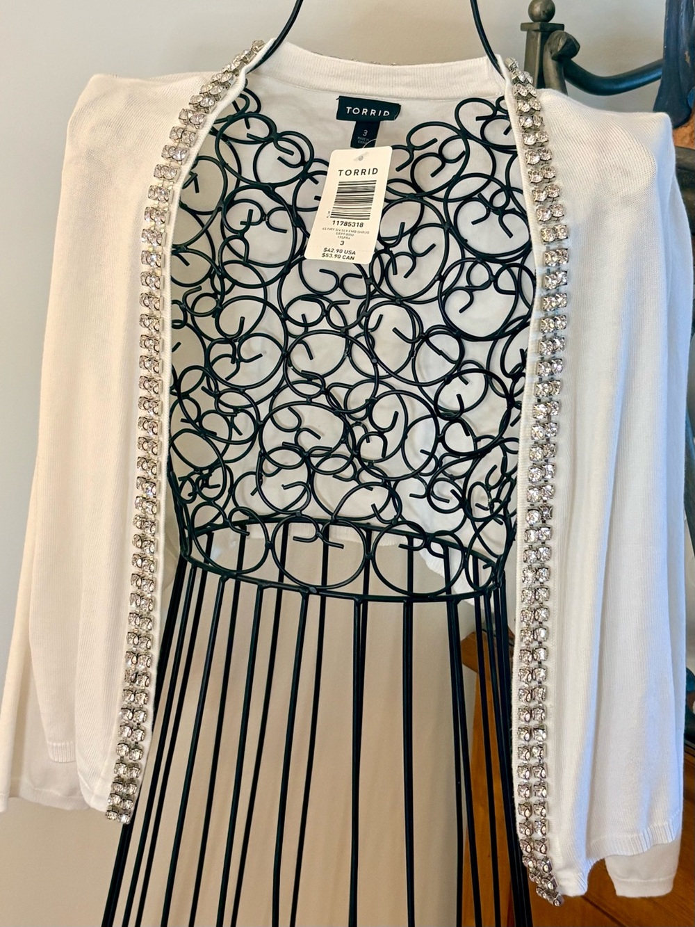 Torrid White Open Front cropped Cardigan with Rhinestone Trim